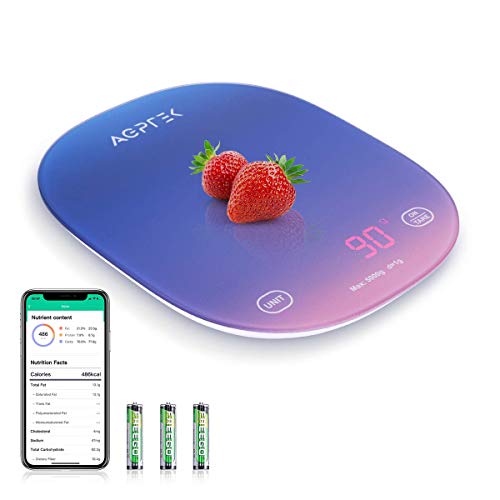 Smart Food Scale with Smartphone App, AGPTEK Digital Kitchen Scale Measures in Grams, Ounces and Pounds, Food Nutritional Calculator for Weight Loss, Baking, Cooking, Coffee, Dark Blue