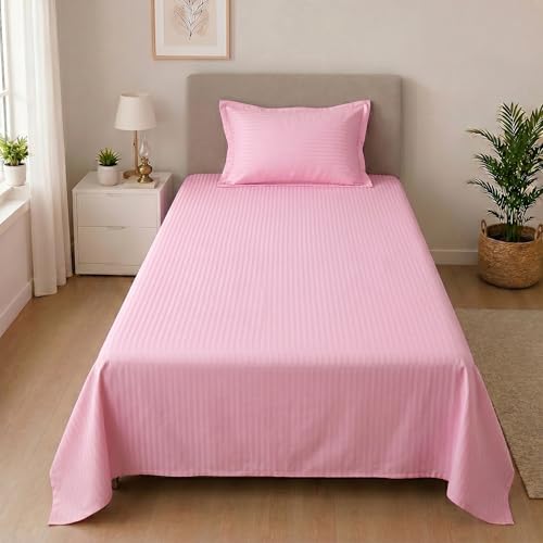 Image of Mafatlal Classic 210 TC 100% Cotton Single Bedsheet | 90 x 60 Inches | Gentle & Soft Cotton | Italian Stripes Pattern | Breathable Everyday Comfort | Light Pink