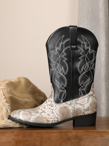 Image of Python Manning Men's Boots Cowboy for Men Classic Pointed Toe Western Pull Up Snakeskin Embroidered Mid-Calf Boots