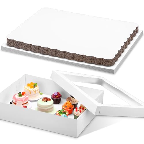 Sinload 10 Pcs Half Sheet Cake Box with Window & Board, White, 19x14x4 Inch