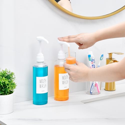 VITVITI Plastic Mouthwash Dispenser for Bathroom, 17 OZ Pump Mouth Wash Container Bottle with Cup, Clear Refillable Mouthwash Dispenser with Labels, Set of 22