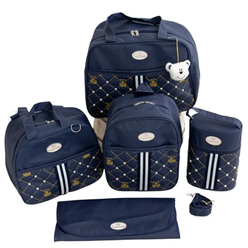 Kit Bolsa Maternidade, Mochila com Chaveiro de Ursinho, Bolsa Térmica, Trocador Impermeável, 5 Peças (Azul Marinho)