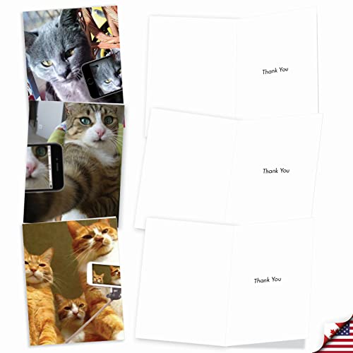 Image of The Best Card Company 10 Assorted Thank You Notecards Bulk Box Set 4 x 5.12 Inch with Envelopes (10 Designs, 1 Each) Cats Selfie M4953TYG-B1x10