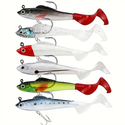 Fishing Lures, 6pcs Multicolor Soft Lures Sharp Treble Hook 3D Eyes Artificial Bait Fishing Tackle