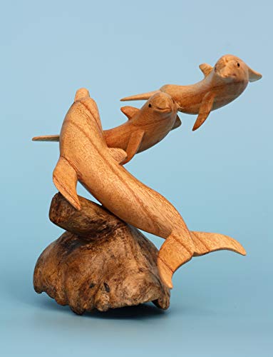 G6 Collection Wooden Hand Carved Dolphin Statue Sculpture Wood Decorative Home Decor Accent Figurine Handcrafted Handmade Seaside Tropical Nautical Ocean Coastal Decoration (3 Dolphins) #TOP2