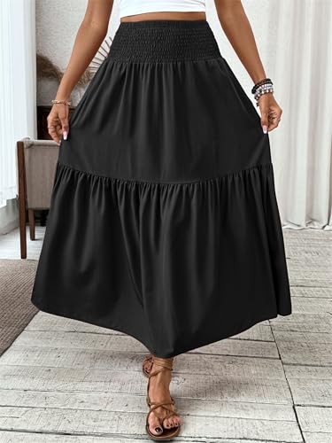 Women's Summer Floral Maxi A-Line Boho Skirt, Summer for Women 2025 Vacation Boho Floral Tiered (10,Grass Green)4