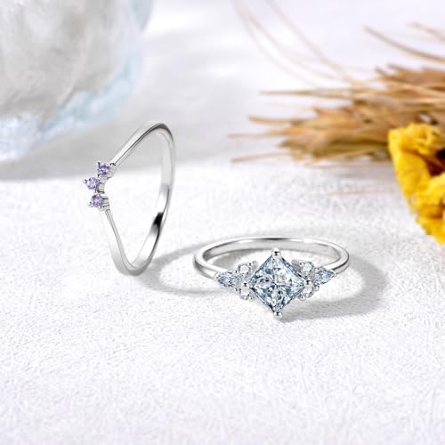 Princess-Cut Moissanite Engagement Rings Sets for Women,10K 14K 18K Solid Gold Amethyst Wedding Bands Sets,Bridal Ring Sets with Free Engraving2