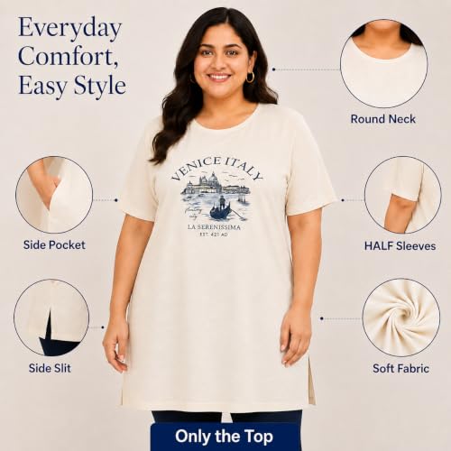 Image of In Love Women Cotton Regular Fit Plus Size Long-Line Chest Print T-Shirt with Pocket