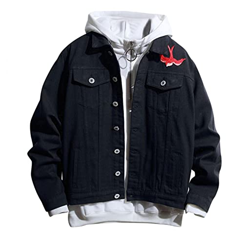 HJHGJ Veste en jean patchwork à manches longues et col rabattable, grande taille, motif ample, imprimé cardigan automne printemps coupe régulière style rétro, D-black, L Cover