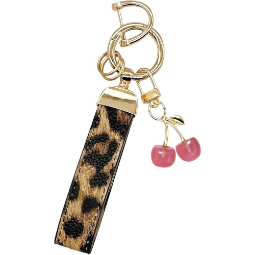 Vesavifaka Leather Keychain Wristlet Cherry Charms Car Keychain for Women Bag Purse Charms Key Fob Holder with Keyrings Gifts