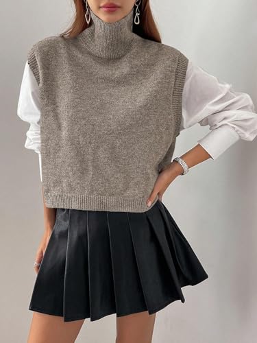 Women Turtleneck Crop Sweater Vest Sleeveless High Neck Solid Loose Fit Knitted Causal Jumper Top Streetwear4