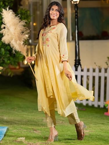 Image of INDO ERA Women's A-Line Pure Cotton Floral Embroidered Kurta & Pant with Dupatta Set (R2STR9793)