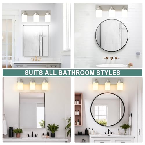 Image of IZORRO Bathroom Vanity Light Fixture, 3-Light 22 Inch Brushed Nickel Bathroom Light Fixtures Over Mirror, with White Glass Shade, Modern Farmhouse Vanity Lights, Rustic Restroom Lighting Fixtures