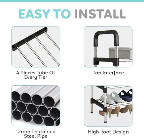 Image of Metal Shoe Rack for Home - Adjustable & Stackable Waterproof Open 5-Tier Shoe Rack for Closet Entryway, Bedroom, Outdoor,Multi-Purpose Carbon Steel Shoe Stand (Black, 4-ShelfAA)