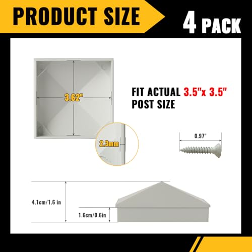 Image of VIVIDA 4x4 Aluminum Post Caps(Actual 3.5 inch x 3.5 inch), Metal Fence Post Caps with Waterproof Matte Powder Coated, for Wooden Fence, Deck, Mailbox, Patio, Screw & Driver Bit Included, White, 4 Pack