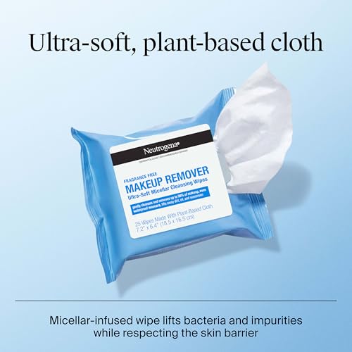 Neutrogena Fragrance-Free Makeup Remover Wipes, Daily Ultra-Soft Micellar Cleansing Wipes Gently Remove Oil & Waterproof Makeup, Hypoallergenic, Made with Plant-Based Cloth, 25 ct