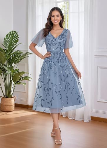 Chiffon Mother of The Bride Dress Sequin Embroidery Tea Length V-Neck Formal Evening Gown with Ruffle Sleeve2