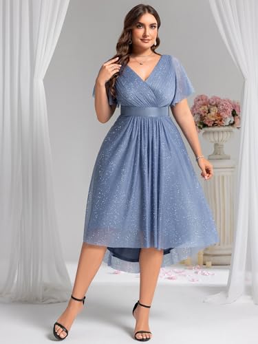 Image of Ever-Pretty Plus Women's Cocktail Party Dress V Neck A Line Glitter Plus Size Formal Wedding Guest Dresses for Curvy Women