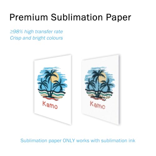 kamo Sublimationspapier für Wärmeübertragung, A4, 210 x 297mm, 100 Blatt, 120 gsm, kompatibel mit allen Tintenstrahldruckern