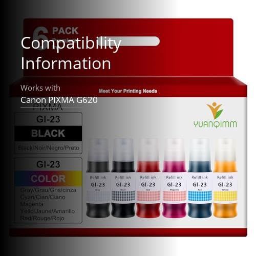 YUANQIMM GI-23 GI23 Ink Refill Bottles (Not Sublimation Ink) Replacement for Canon GI-23 Refill Ink 23 to use with Canon PIXMA G620 Refill Ink Pixma G520 Printer (Black,Cyan,Magenta,Yellow,Red,Gray)