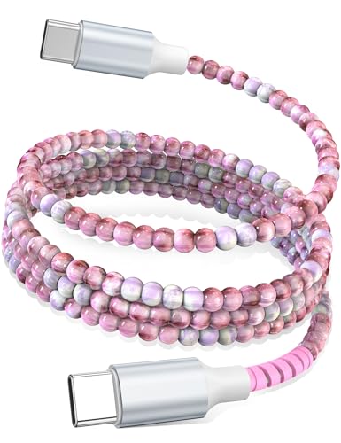 USB C to USB C Cable 6FT 60W Beaded Phone Fast Charging Cord&Car Charger for iPhone 17 16 15 Pro Max/iPad Air 10th A16 for Samsung S26 S25 S24 Ultra A17 Android Phone Charger Cute Girl Women PurpleRed