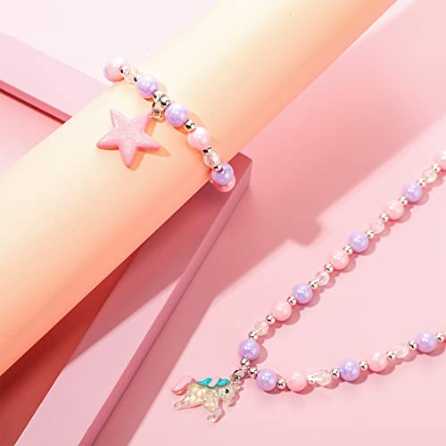 Yaomiao Set de Joyas de Collar Pulsera de Niña 2 Piezas Collares con Encanto de Unicornio Pulsera de Cuentas de Cristal para Niños Disfraces Simulación