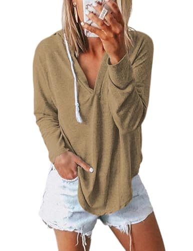 Image of Womens Long Sleeve V Neck Hoodie Sweatshirts Lightweight Pullover Tops
