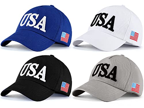Lasnten 4 Pieces Usa Hat Cotton Patriotic Baseball Cap American Flag Hat Adjustable Embroidered Dad Hat For Men Women Teens, 4 Colors #TOP18