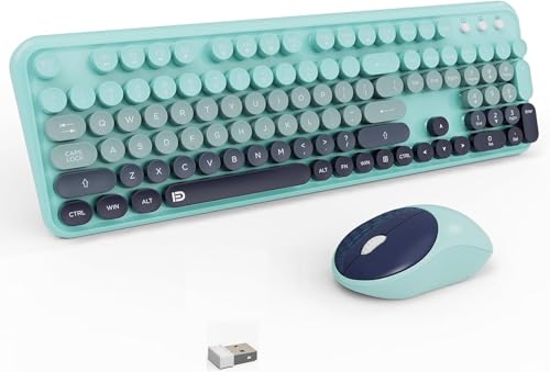 Image of Keyboard and Mouse Wireless,2.4Ghz Retro Typewriter Style Round Keycap,Full Size Wireless Keyboard Mouse Combo,Cute Cordless Keyboard Mouse Set for PC Laptop Desktop Computer-Blue Black Colorful