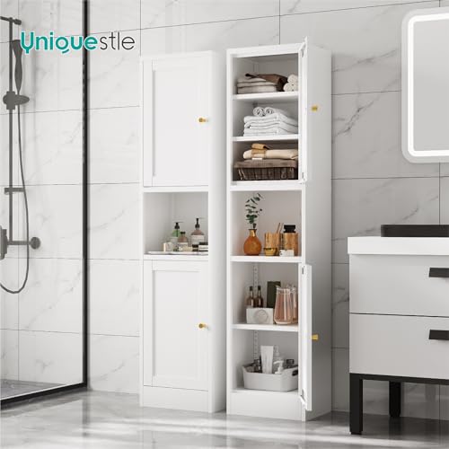 Image of 67 inch Tall Narrow Storage Cabinet with Doors and Open Shelf,Metal Pantry Cabinet,Shaker Style Slim Cabinet with Adjustable Shelves,for Bathroom Kitchen Laundry Small Spaces,White,1Pc