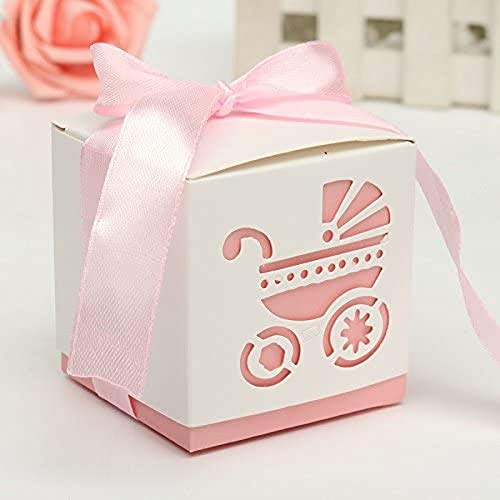 zorpia New 50Pcs Party Gift Laser Cut Baby Shower Candy Ribbon Boxes Carriage Shower Favor Bomboniere Wedding Anniversary ZRA0168903 (Pink)