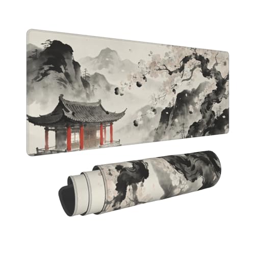 Image of Watercolor Painting Japanese Mouse Pad 31.5x11.8 XL Red Black Grey Cherry Blossoms Extended Large Mousepad Keyboard Mouse Mat Desk Pad with Non-Slip Rubber Base Stitched Edges for Home Office Game