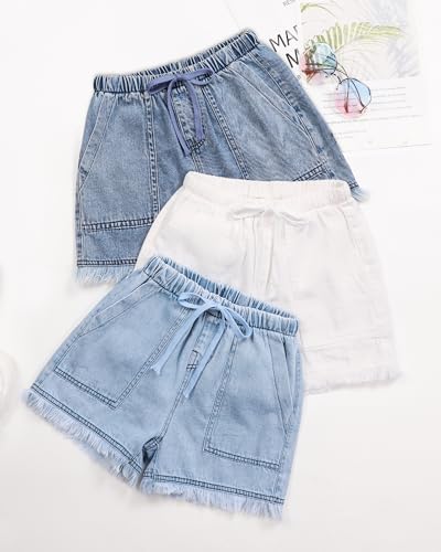 Image of BOOPH Girls Jean Shorts Denim Elastic Waist Drawstring Short for Teen Girl