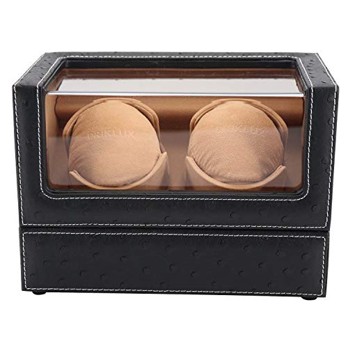 double watch winder for rolex and other luxury watches - automatic winder with quiet motor premium black ostrich leather exterior and soft flexible watch pillows of camel velvet