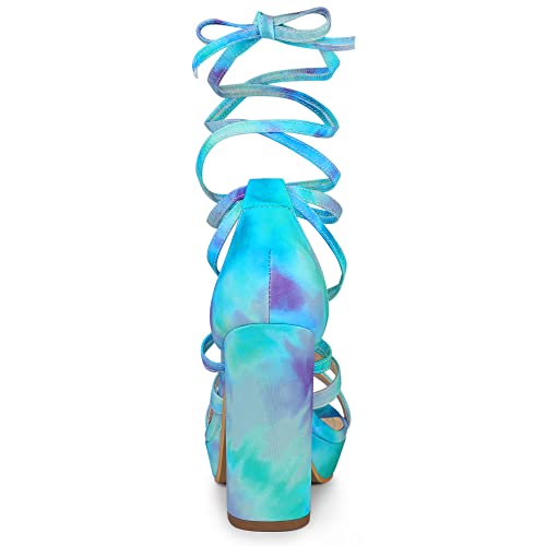 Allegra K Allegra K Women's Tie Dye Platform Chunky Heel Lace Up Cyan Sandals 10 M US