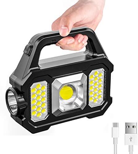Solar Handheld Flashlight with USB Cable, 6 Modes Rechargeable Multifunction Lights Super Bright LED Searchlight, Lightweight Waterproof Portable Spotlight for Fishing Outdoor Camping Emergencies