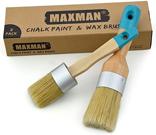Chalk & Wax Paint Brush Set for Furniture,DIY Painting and Waxing Tool,Round Chalk Paint Brush, Stencils,Natural Pure Bristles,2 PCS,Large