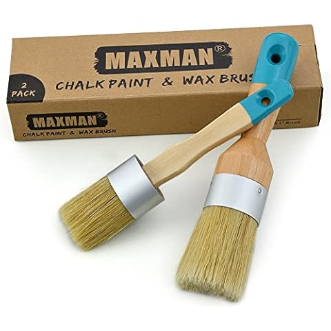 Chalk & Wax Paint Brush Set for Furniture,DIY Painting and Waxing Tool,Round Chalk Paint Brush, Stencils,Natural Pure Bristles,2 PCS,Large Cover