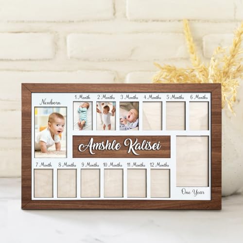 Embesh Custom Baby Picture Frame with Name My First Year Photo Display Wood Board Personalized 12 Months Newborn Photo Frame for Boy Girl Baby Birthday Nursery Decorations