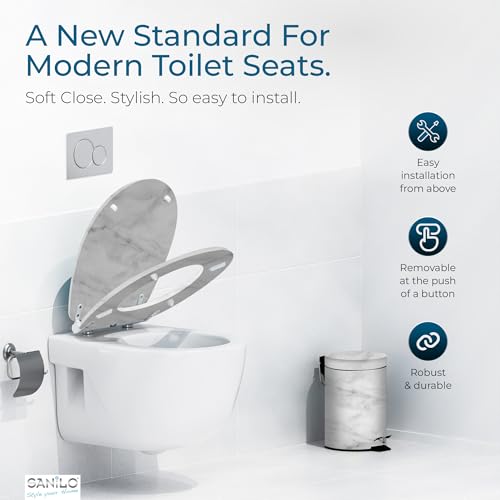 Image of Sanilo Wooden Toilet Seat with Quick Release & Soft Close [ROUND] - Decorative & Slow Close Molded Wood Seat - With One Click for Easy Installation & Cleaning - With Adjustable Fit (Marble)