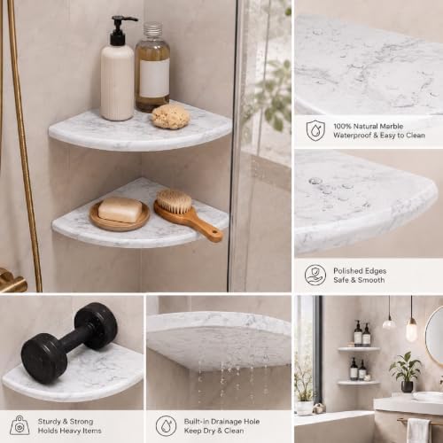 Chunful 4 Pcs White Marble Corner Shower Shelf for Bathroom 9 x 9 Inch Wall Mounted Both Sides Polished Marble Corner Shelves Shower Caddy for Bathroom Wall (Stylish) - 4