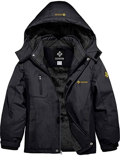 GEMYSE Boy's Waterproof Ski Snow Jacket Fleece Windproof Winter Jacket with Hood (Black,10/12)