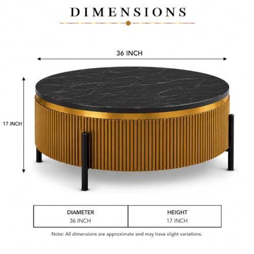 Image of WOODEN SPACE Premium Luxury Nazaara Marble-Top Coffee Table with Iron Legs & PVD Coating | Modern Round Wooden Center Table for Living Room & Entryway