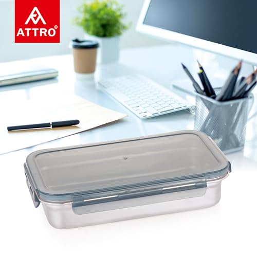 Image of Attro Steelox Rectangle Stainless Steel Container with Plastic Seal Lid BPA Free Food Grade Leak-Proof Ideal for School, Office & Outdoor Lunch Pack - 560ml Grey