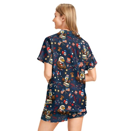 Image of Funny Pajamas for Women Set Print Satin Loungewear Pjs Short Sleeve Button Down Top and Shorts Sets Sleepwear XS-3XL