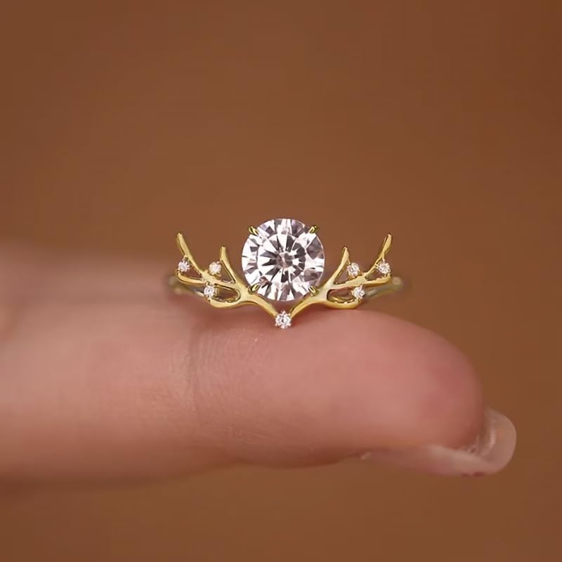14K Gold Plated Antler Rings for Women Cubic Zirconia Statement Promise Rings Christmas Deer Rings Festival Jewelry Cute Zircon Crystal Wedding Ring 9#3