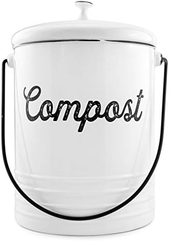 AuldHome White Enamelware Compost Can, Farmhouse Compost Bin Set with Lid and Charcoal Filters