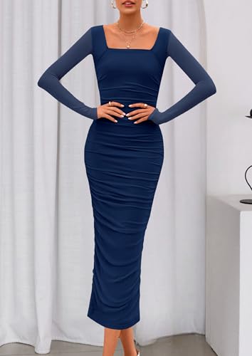 PRETTYGARDEN Fall Wedding Guest Dresses for Women 2025 Ruched Bodycon Midi Long Sleeve Formal Cocktail Dress4