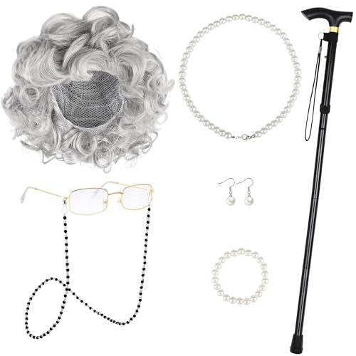 Apoway 9-Piece Old Lady Costume for Women 100 Days of School Costume Grandma Wig Dress Up Cap Glasses Cane Pearl Necklace Bracelet Earrings Grey