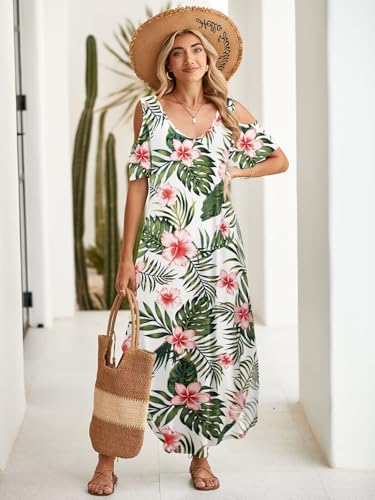 Image of BELAROI Womens Cold Shoulder Maxi Dress Plus Size V Neck Summer Sundresses with Pockets Beach Coverup Vacation Outfits